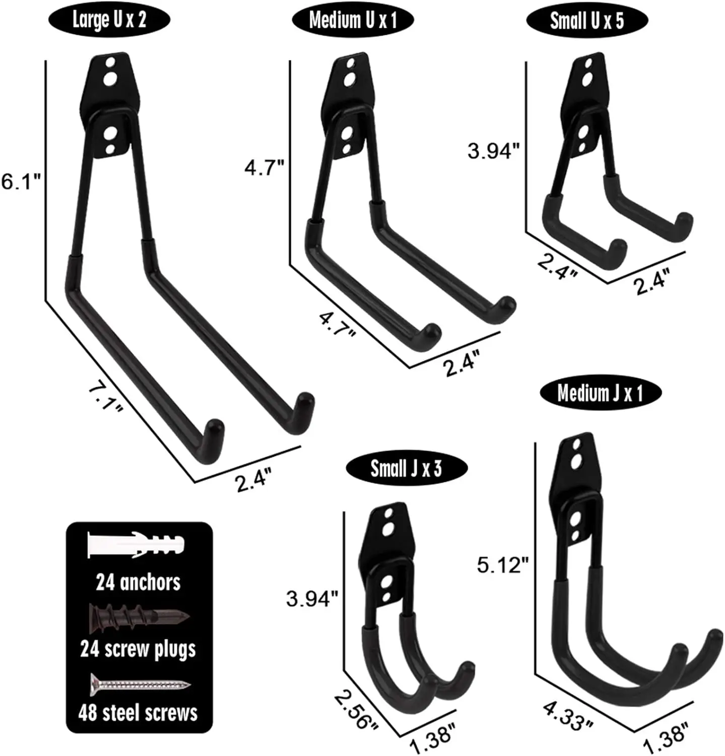 Utility Double Hooks 6 Pcs Steel Bucket Bracket Non-Slip Rubber Tool Hooks for Bulk Items, Bicycles