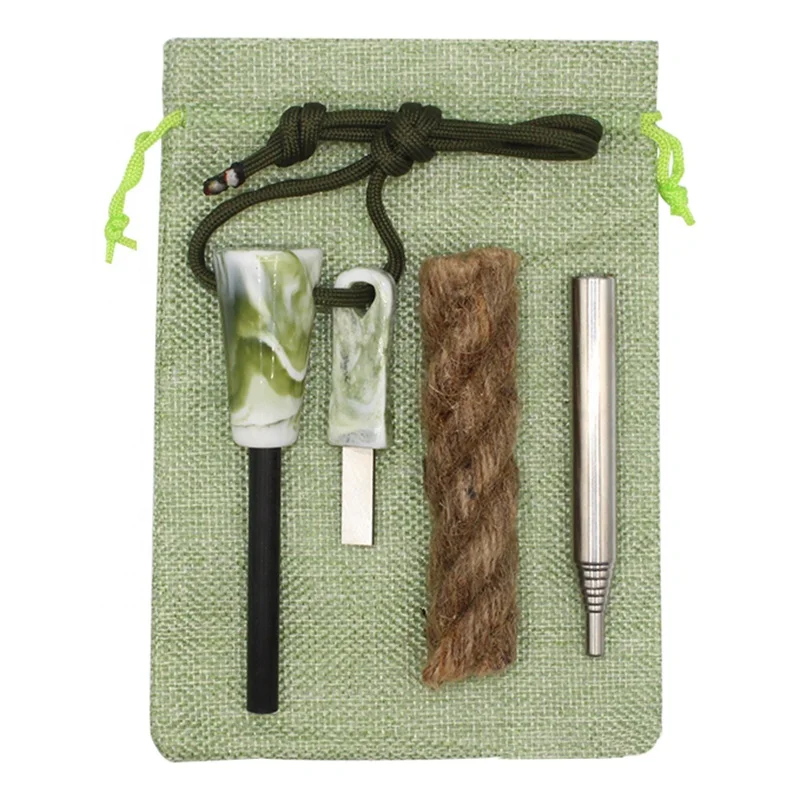 High Speed Steel Striker Survival Flint Fire Starter Blowing Pipe Gift Fire Set with Bushcraft Fire Rope Tinder