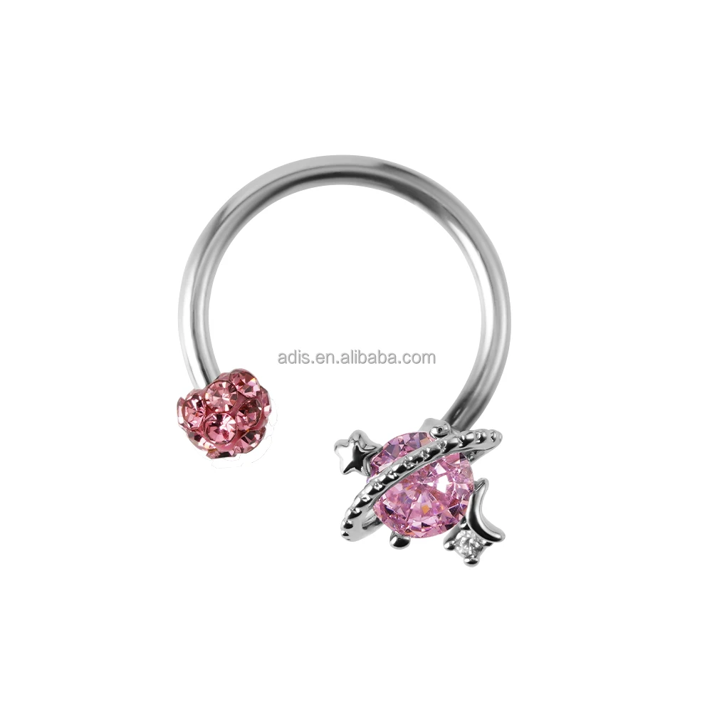 New Design Glued Gem Women Horseshoe Barbell Stainless Steel Piercing CBR Pink Cz Nose Ring Jewelry