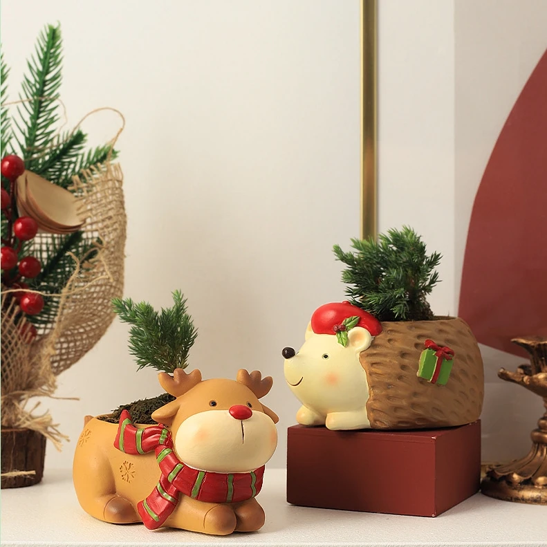 Colorful Creative Cute Cartoon Xmas Animal Ornament Christmas Gardening Succulent Decorations Flower Pot for Desktop Decor