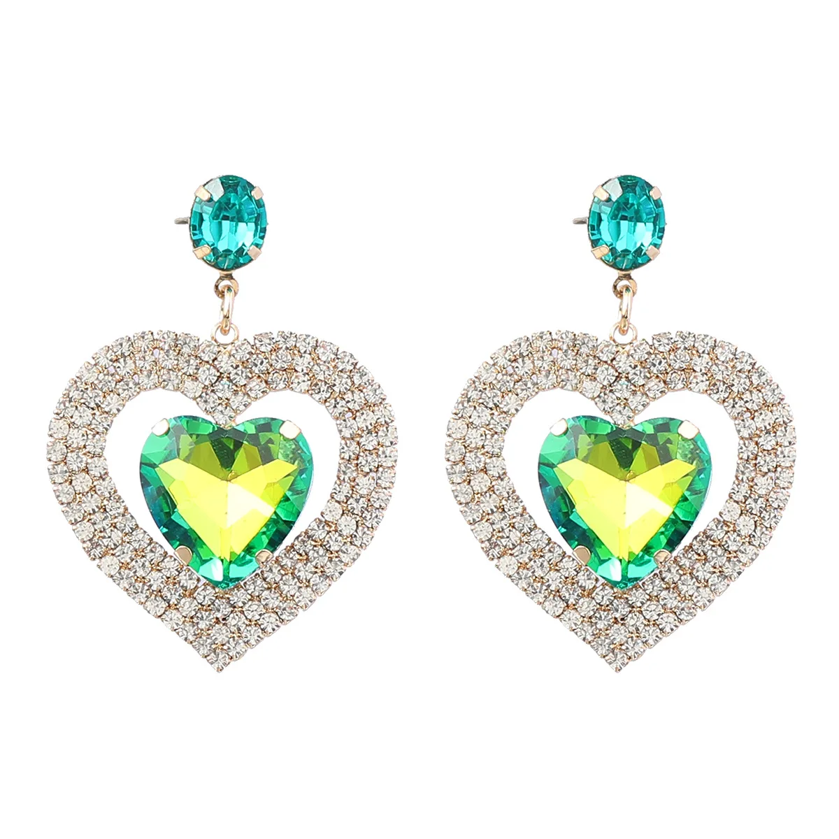 CJ 5 Colors Delicate 18K Gold Plated Double Layer Bling Colorful Crystal Rhinestone Heart Stud Earrings