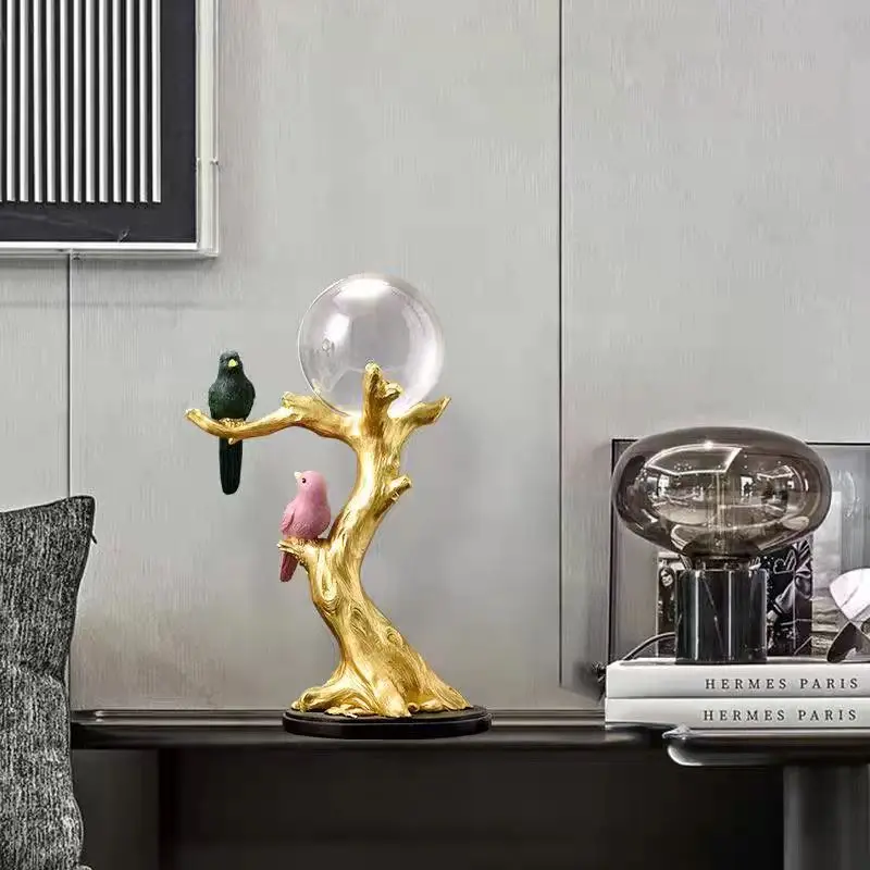 Nordic Style Light Luxury Resin Bird Golden Tree Creative Crystal Ball Home Decoration for Living Room Office Table Craft Use