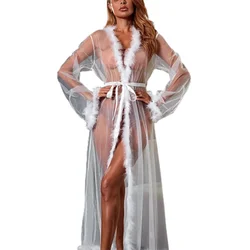 BILLIONS Women Sexy Belted 100%Polyester Brides Robe Long Sheer Marabou Feather Night Robes