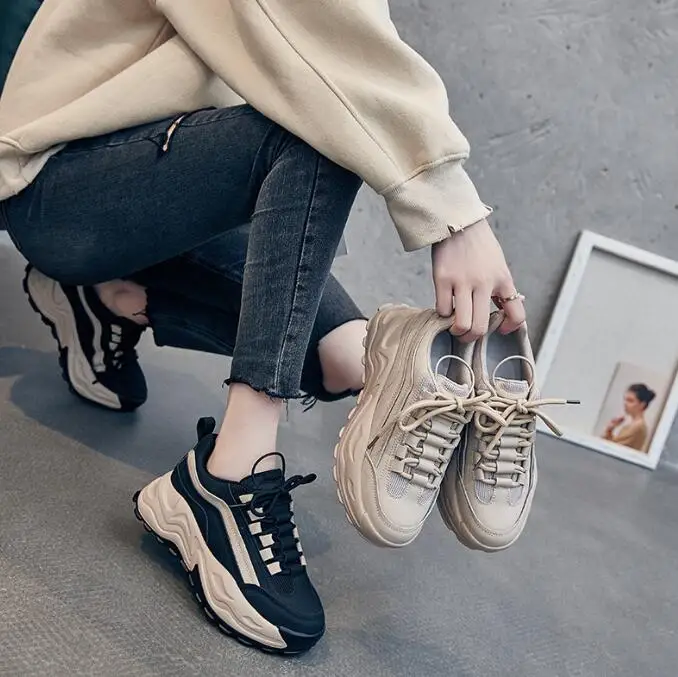 Spring new real soft leather sneakers female student running thick bottom heightening sneakers