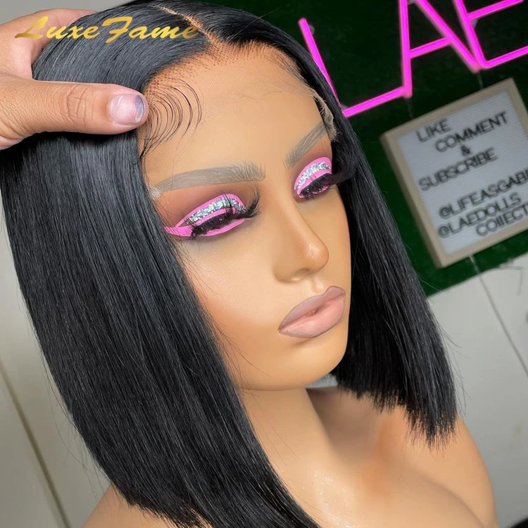 Swiss Lace Short Bob Wig,Double Drawn Natural Color 100% Human hair Lace Front Wig Peruvian Short Bob Glueless Lace Front Wigs