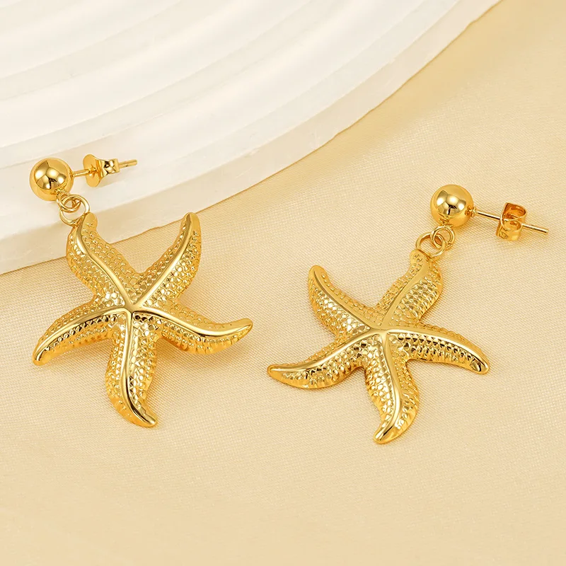 Beach style stainessl steel PVD gold starfish earrings Female exaggerated retro sea animal personality niche earrings earrings