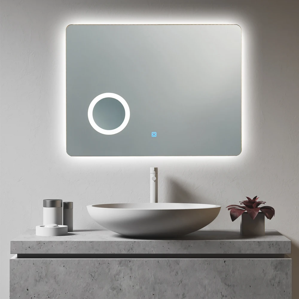 Modern Big LED Mirror With Makeup Magnifier Yellow And White Color Bathroom Anti Fog Film Mirror