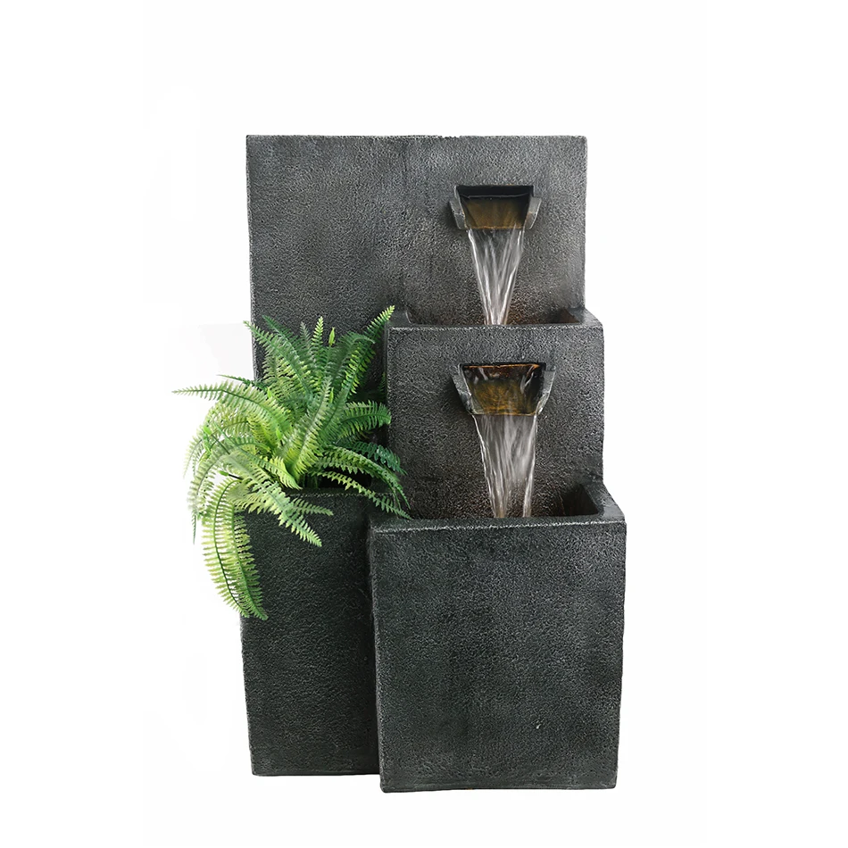 Large modern Simple chic tiered water fountain feature with planter and led light