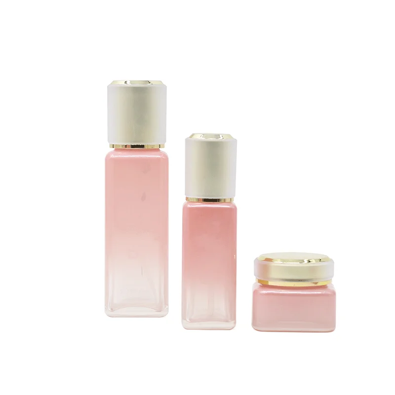 Top quality square pink cosmetic container glass bottles and fase mask jars