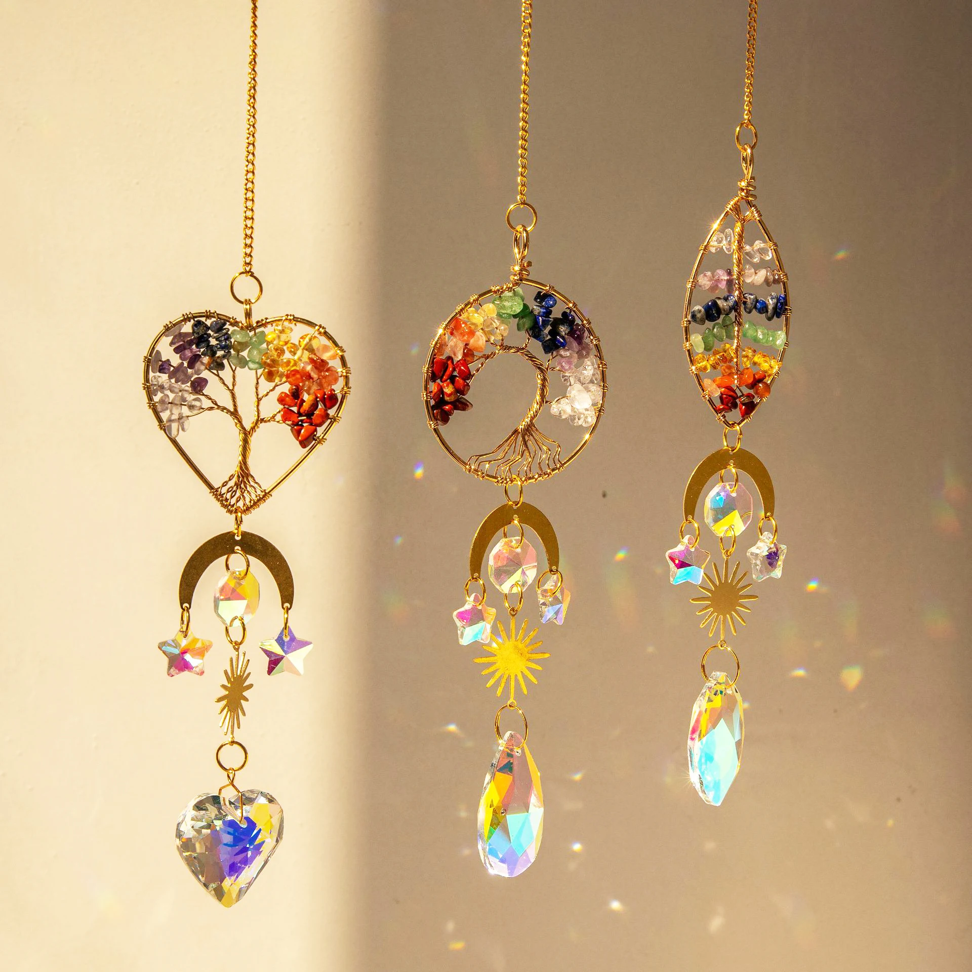 K9 Tree Of Life Rainbow Light Catcher Chakra Crystal Sun Catcher Hanging Rose Quartz Outdoor For Car