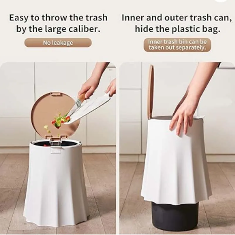 Bedroom Trash Can with Press Top Lid 10L Office Trash Bin Waste Basket 3 Gallon Plastic Garbage Bin for Home Bathroom Kitchen