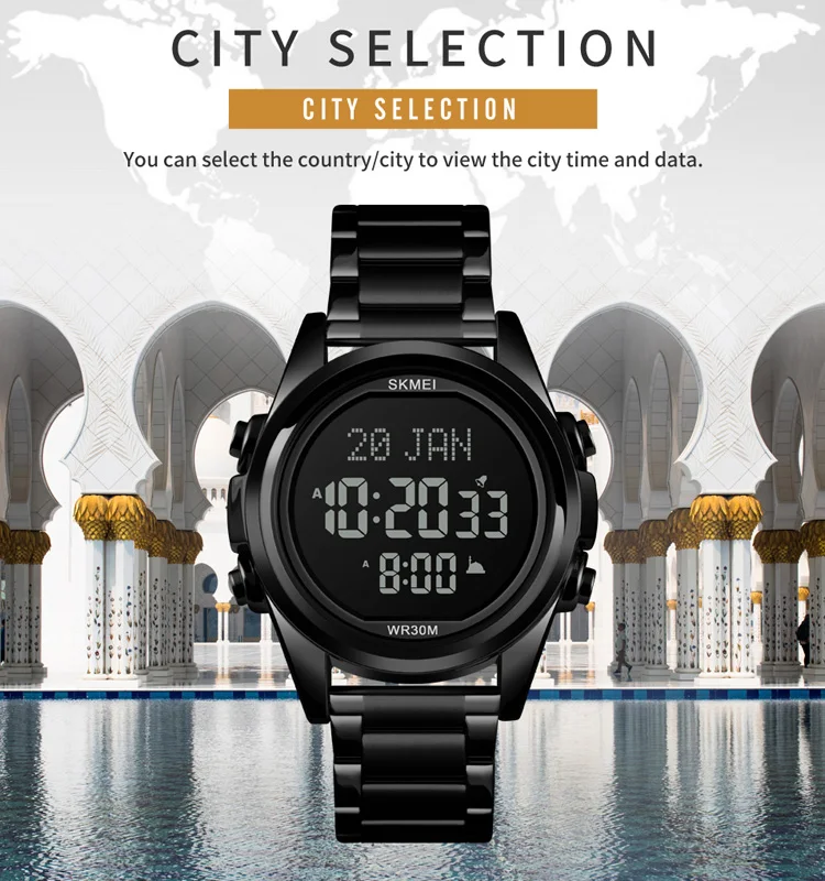 SKMEI 1667 Qibla Time LED Golden Stainless Steel Digital Watch Luxury Muslim Prayer Wristwatch For Men