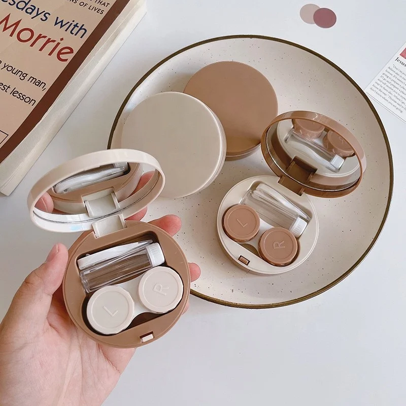 Khaki smooth round contact lens case milk tea warm color Contact Lenses Cases boxes simple new style contact lens eye care box