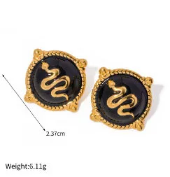ERESI Vintage Hiphop Jewelry Series Black Onyx Earrings 18K Gold Plated Stainless Steel Snake Stud Earring Black Stone Earring