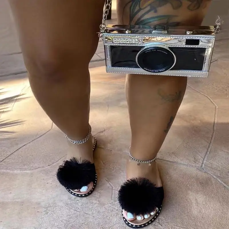  2021 Fashion Summer Flat Hair Ball Slippers Camera New Bag