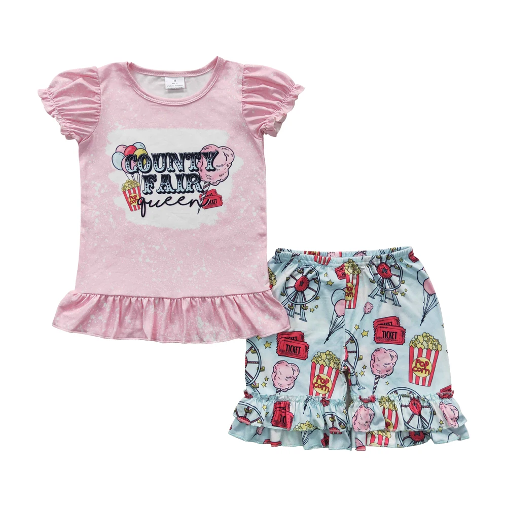 GSSO0260 toddler girls outfit sets County fair popcorn balloon cotton candy bleached pink short sleeved printed blue lace shorts