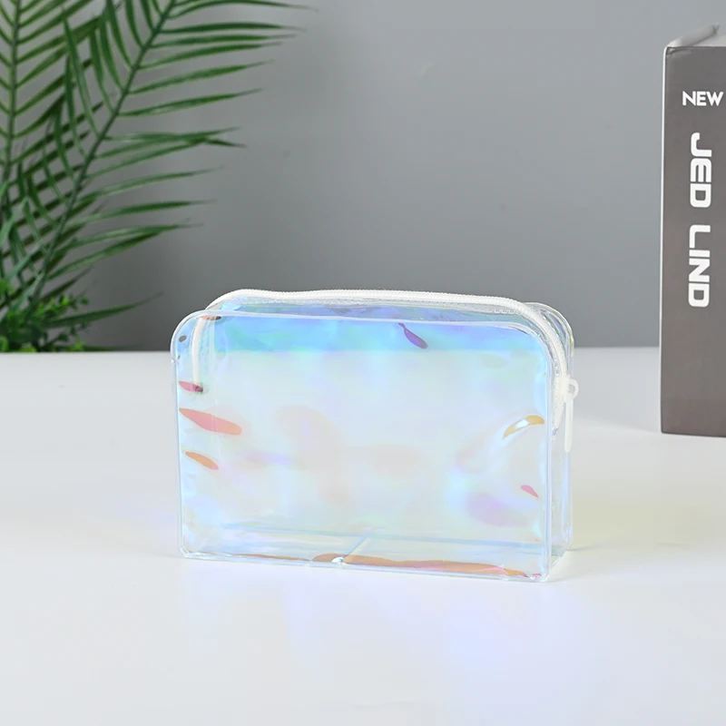 Hot Selling colorful plastic pvc cosmetic bag holographic clear cosmetic makeup bag with white zipper and zip-lock