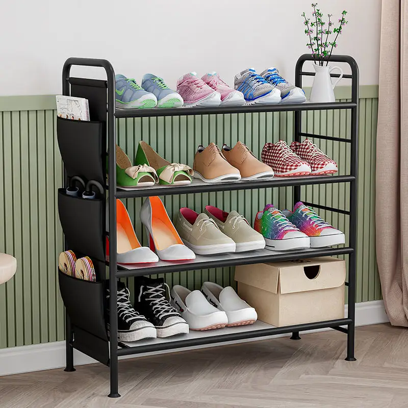 Entryway Storage Shelf Shoes Storage Cabinet Metal 3/4 Tier Stackable Shoe Rack with Side Hanging Storage Bag