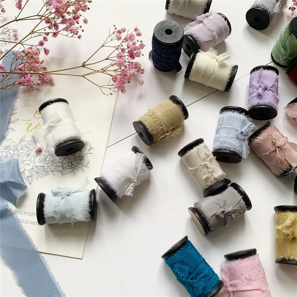20mm-80mm pure silk crepe habotai frayed edged ribbon hand made for wedding packgaed ribbon