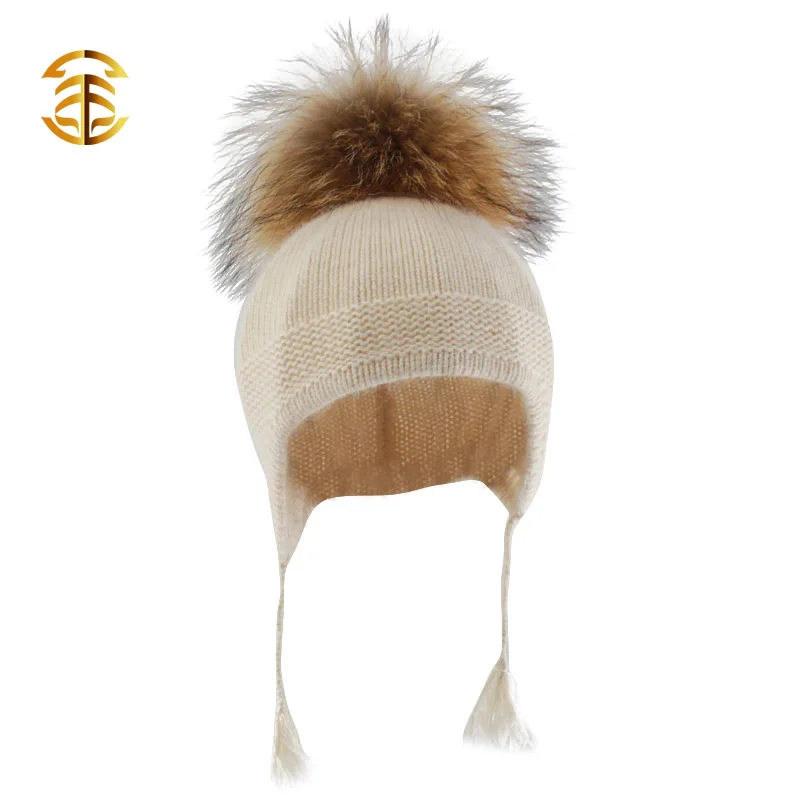 Wholesale baby design cute angora kid hat children raccoon fur ball for 1-3 years old  kids winter hats