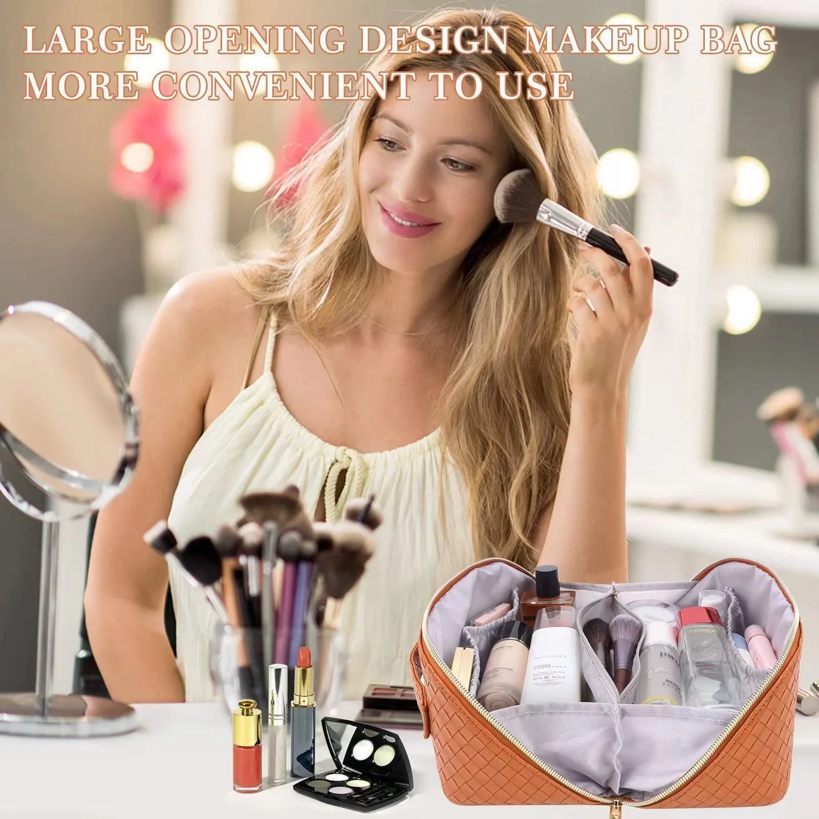 Large Capacity Waterproof Cosmetic Bag PU Leather Travel Cosmetic Bag Makeup Bag with Handle for Women