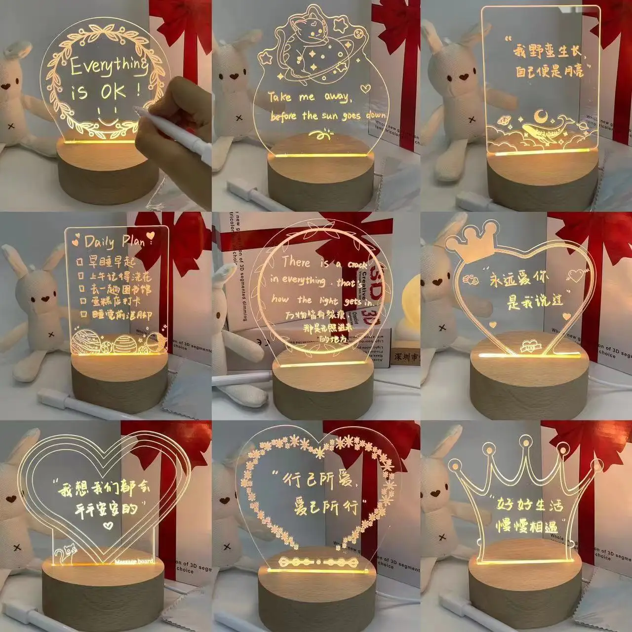 Low MOQ Custom Creative 3D LED Colorful Night Light Acrylic Note Board Usb Message Board Lamp With Pen