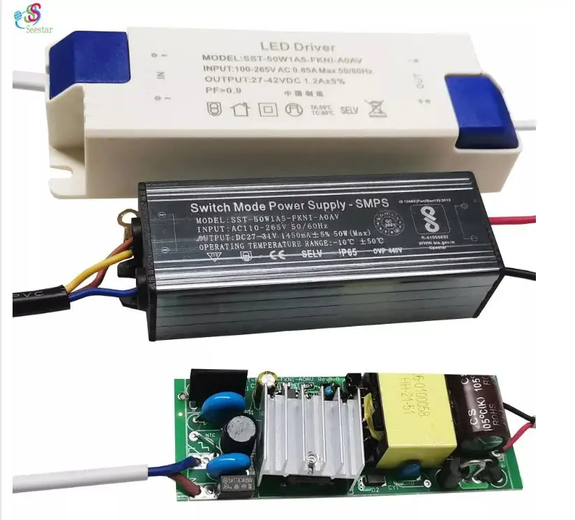 Seestar  50W  BIS 6KV  OVP PF 0.95 THD <10%  1500  mA  waterproof ip 65   street light flood light led driver