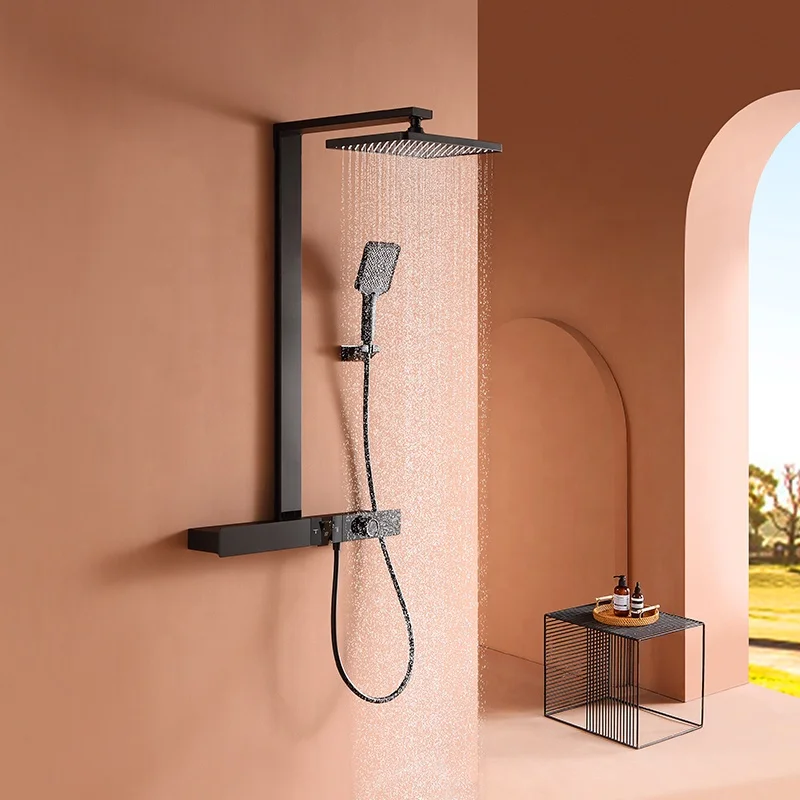 Factory stock brass black piano keys Wall mounted multifunctional thermostatic rainfall  bath shower faucets