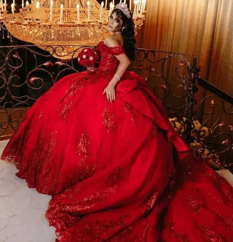 Mumuleo Red Glitter Vestidos De 15 Quinceanera Dresses 2024 Off The Shoulder Sequin Plus Size Short Sleeves Bow Princess