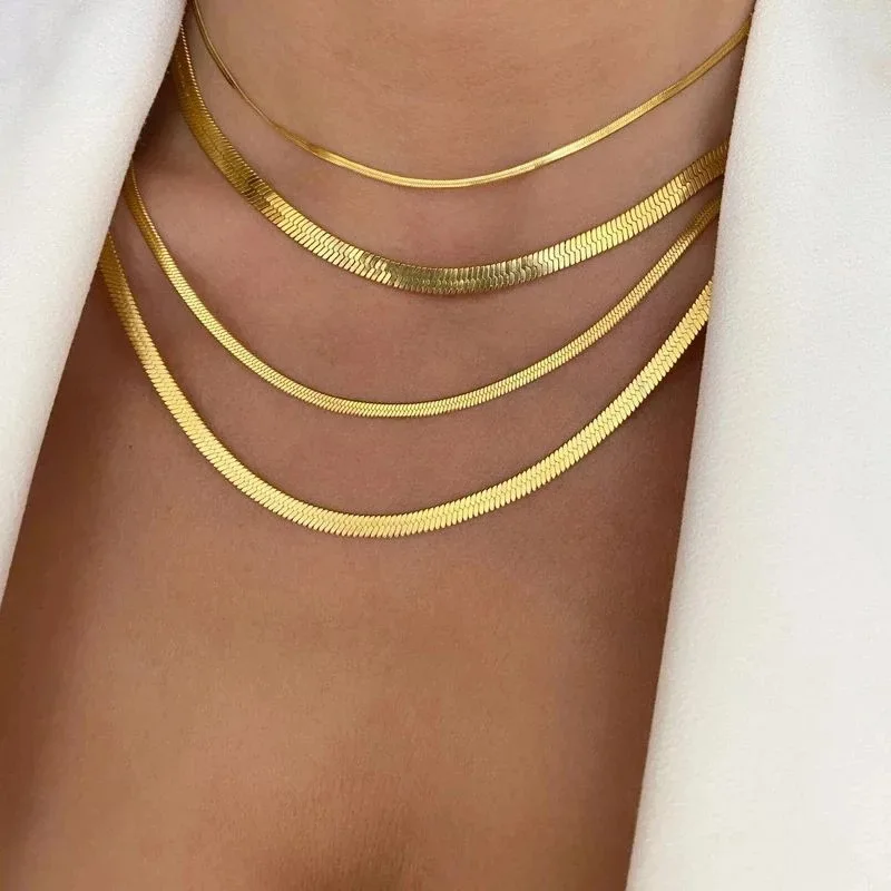 2MM-5MM 14K Gold Plated Flat Snake Chain Tarnish Free New Simple Stainless Steel Choker Necklace