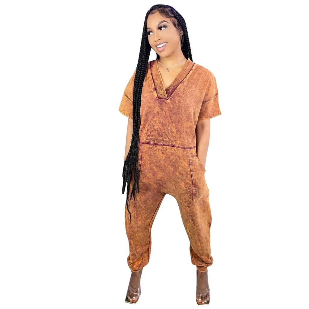 MDJP04-2202 2022 New Product Tie Dye Rompers Comfortable Loose V Neck Short Sleeve Women One Piece Sets Jumpsuits