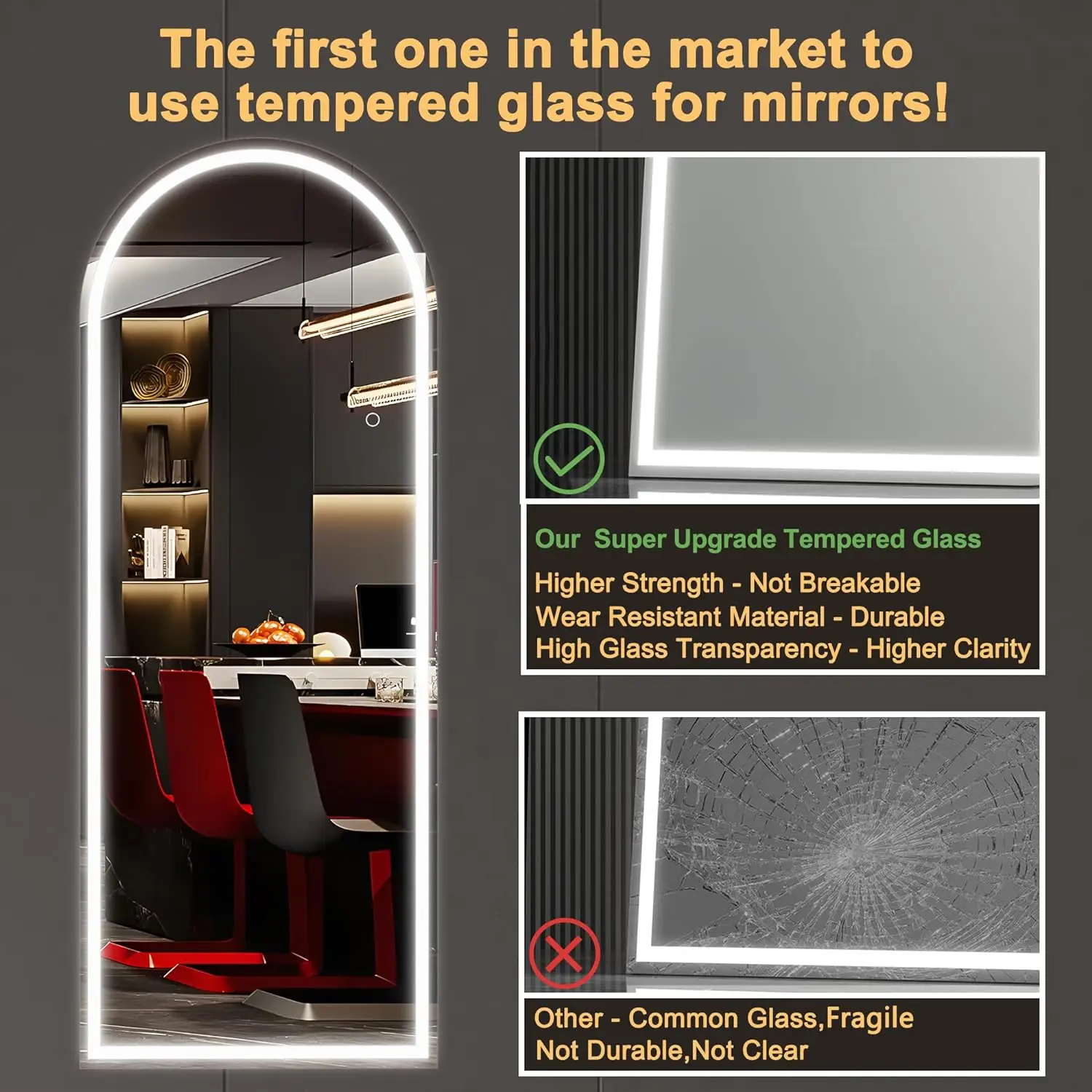 Customized Logo Eco-friendly floor mirrors acrylic Materials Makeup Hand adhesive mirror three color light bathroom mirror