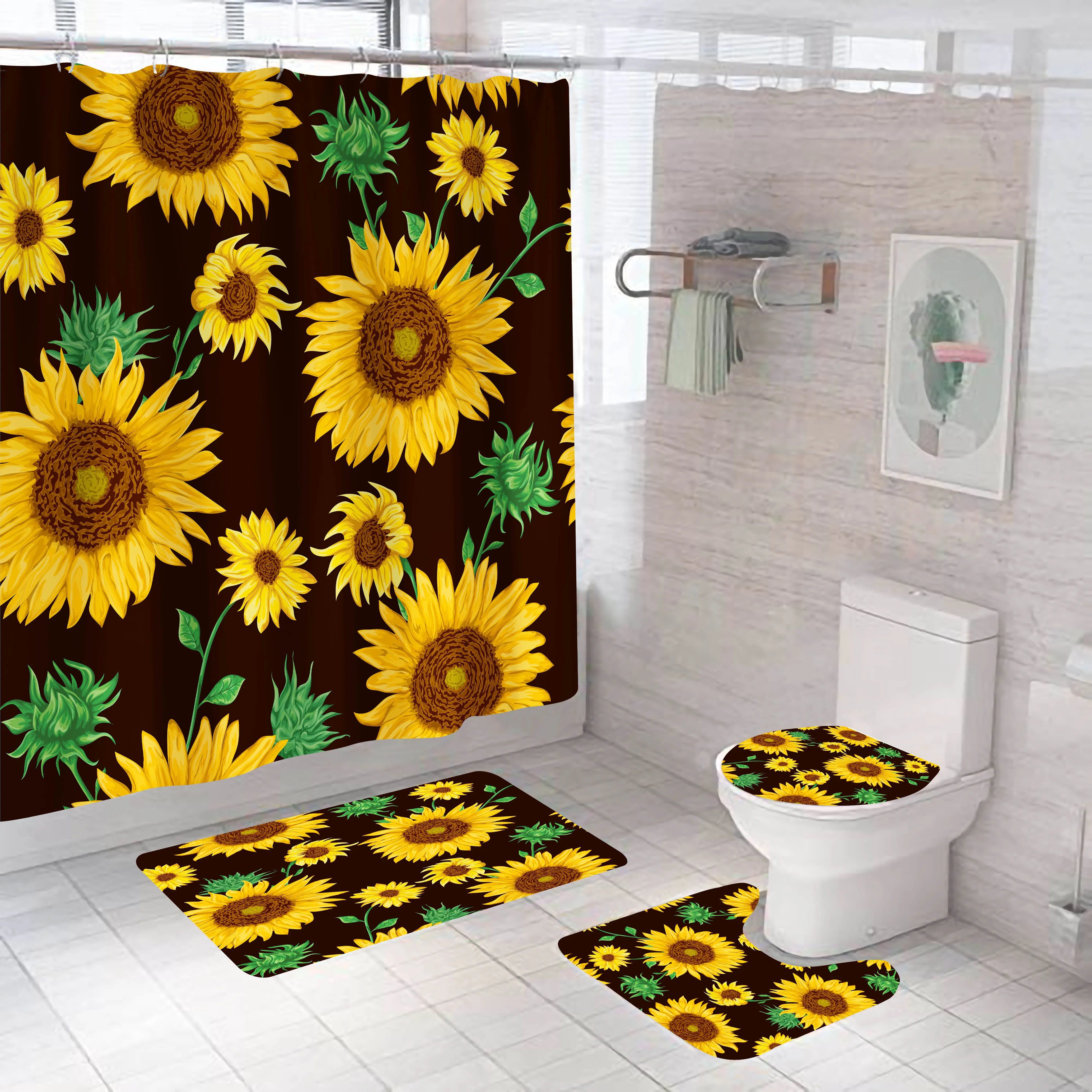 
4 Pcs Waterproof Sunflower Print Polyester Fabric Shower Curtain sets with 12 Hooks For Bathroom 