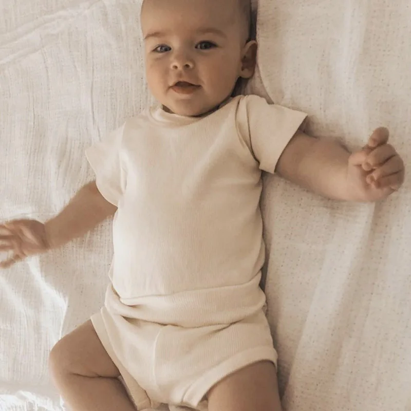 Baby Clothing Sets Newborn Boys Girls Clothing Outfits Suit Knitted Short Sleeve Toddler Pajamas Solid Tops Shorts