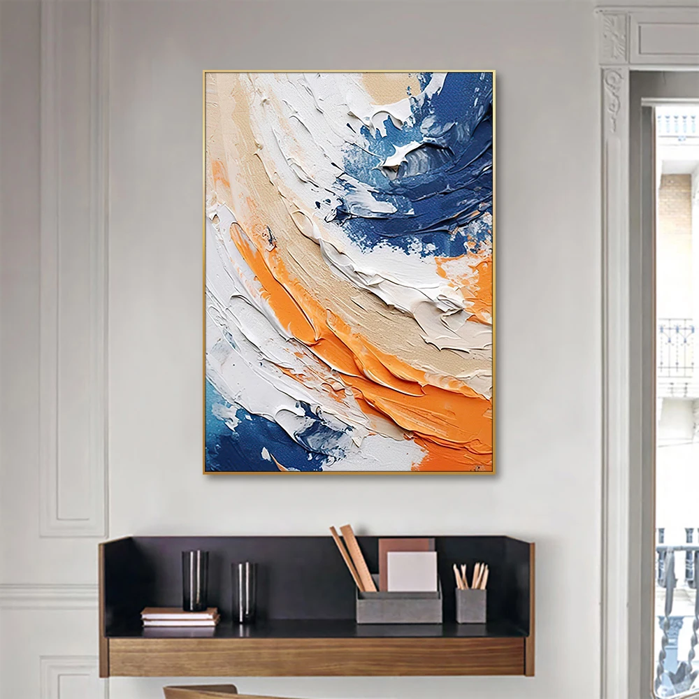 3D White Minimalist Ocean Waves Abstract Painting Handmade Acrylic Wall Art with Frame Oil Medium Home Decor Leaf Subjects