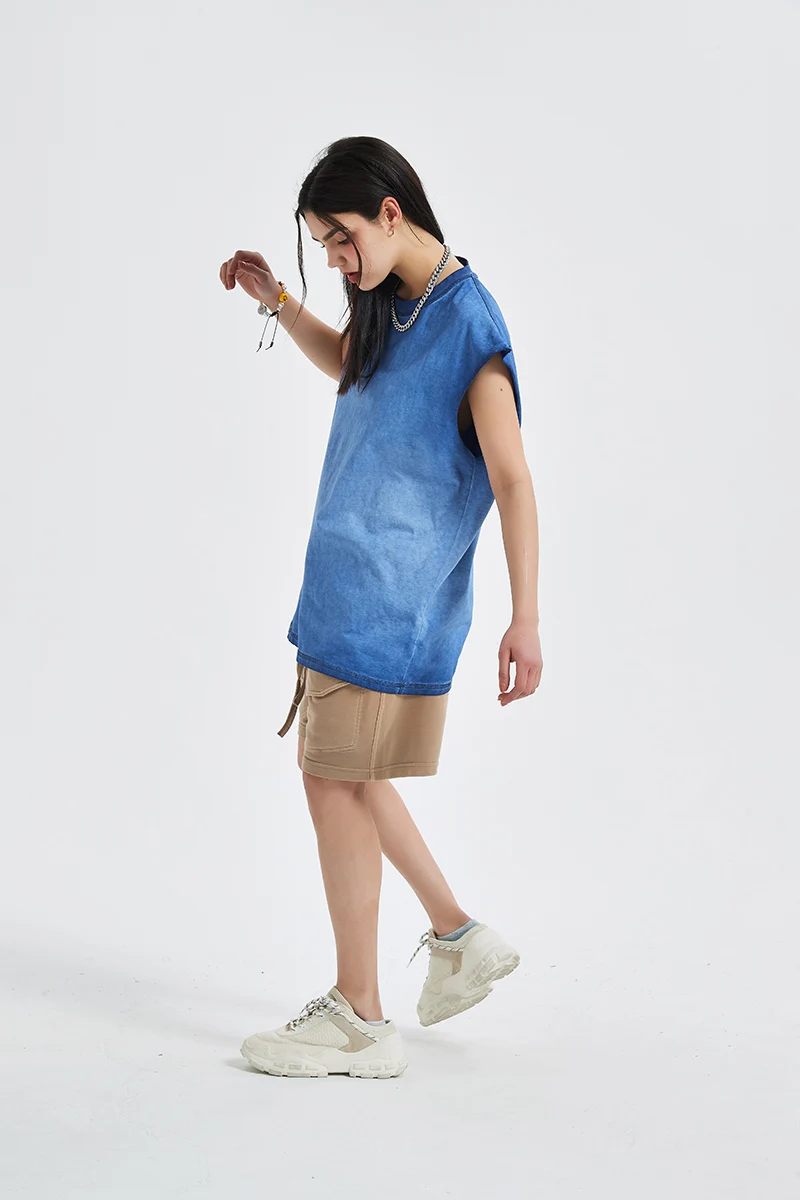 New Trendy Gradient Wide Shoulder Vest High Street washed Retro Unisex Sleeveless tshirt For Men