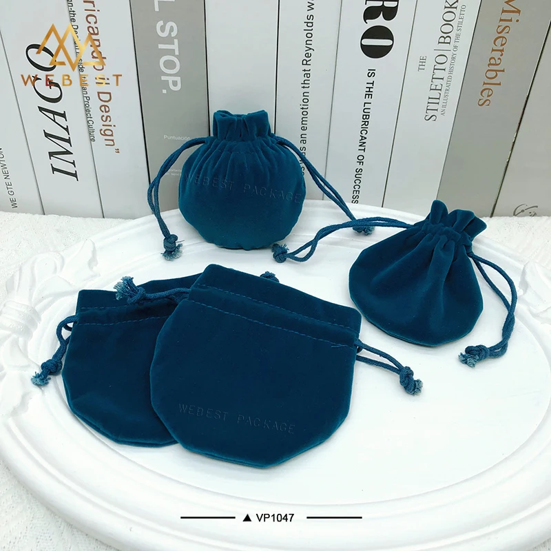 Webest round bottom velvet jewelry pouch packing pouch navy blue velvet pouch with drawstring