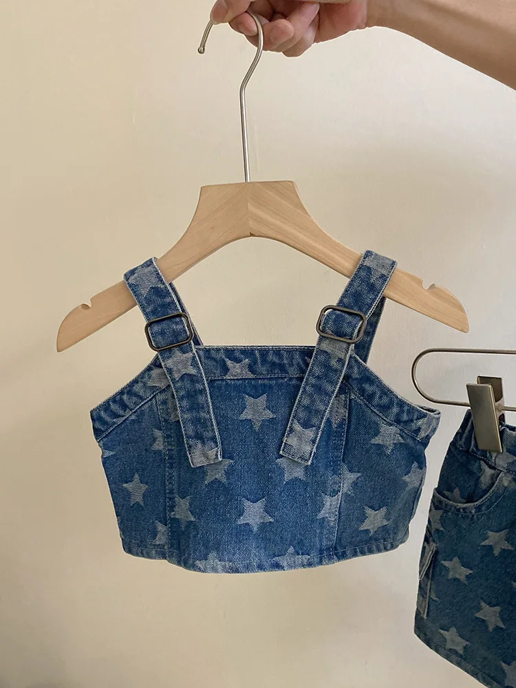 2024 New Summer Toddler Children Girl 2 pcs Sleeveless Outfit Set Cute Stars Print Crop Top + Skirt Denim Set 2-7 Years