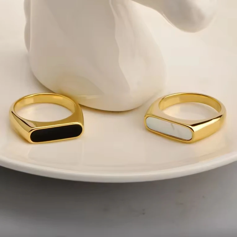 Stainless Steel Rings shell Drop Black Oil 18k Gold plated Anti Tarnish Signet Ring Waterproof Jewelry Signet Rings For Women