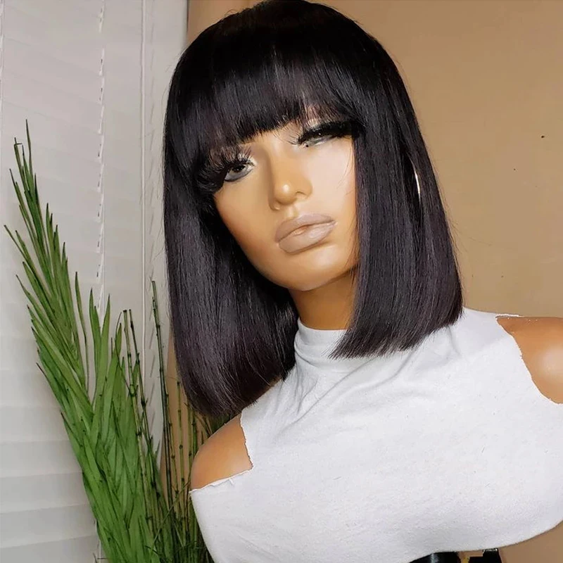 Natural Straight Short BOb Wigs With Bangs Vendors Brazilian Human Hair Wig Bulk Virgin Remy Machine Made Cheap Wigs