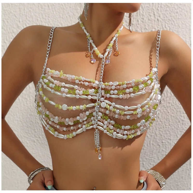 Cadika New Fashion Body Jewelry Faux Pearl Bra Chain Sexy Summer Beach Bikini Cover Up Corset Beaded Crop Tops for Women Girls