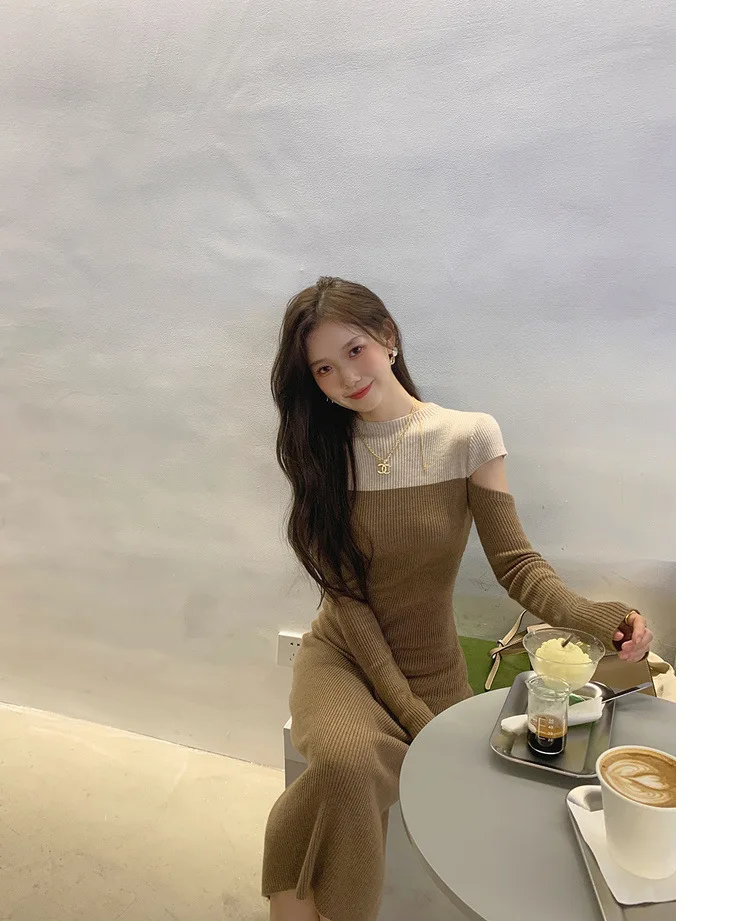 Casual korean contrast color package buttocks maxi fall long knit winter women sexy sweater bodycon dresses