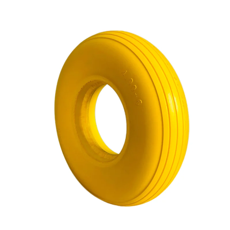 Hot sale Manufacturer high quality 4.00-6 Line Pattern Pu Solid Wheel For Wheelbarrow Hope Orange Rim