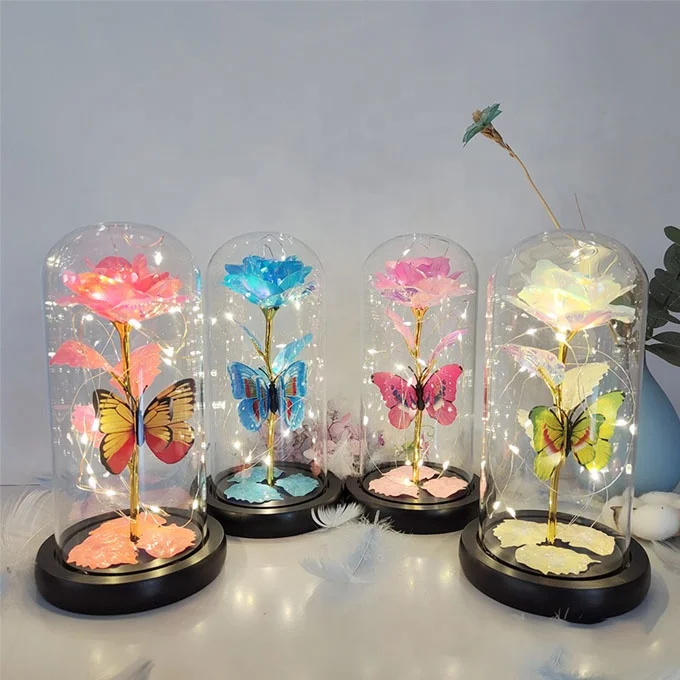 Creative Valentine Day Gifts  24k Gold Rose With Led Light Galaxy Flower Rose In Glass Dome Unique Gift For Women