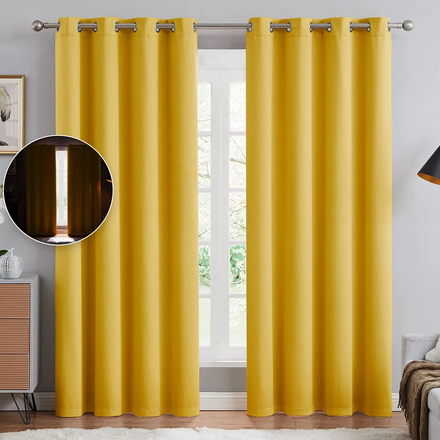 High quality yellow thick solid soft thermal insulated blackout ready made curtains for home