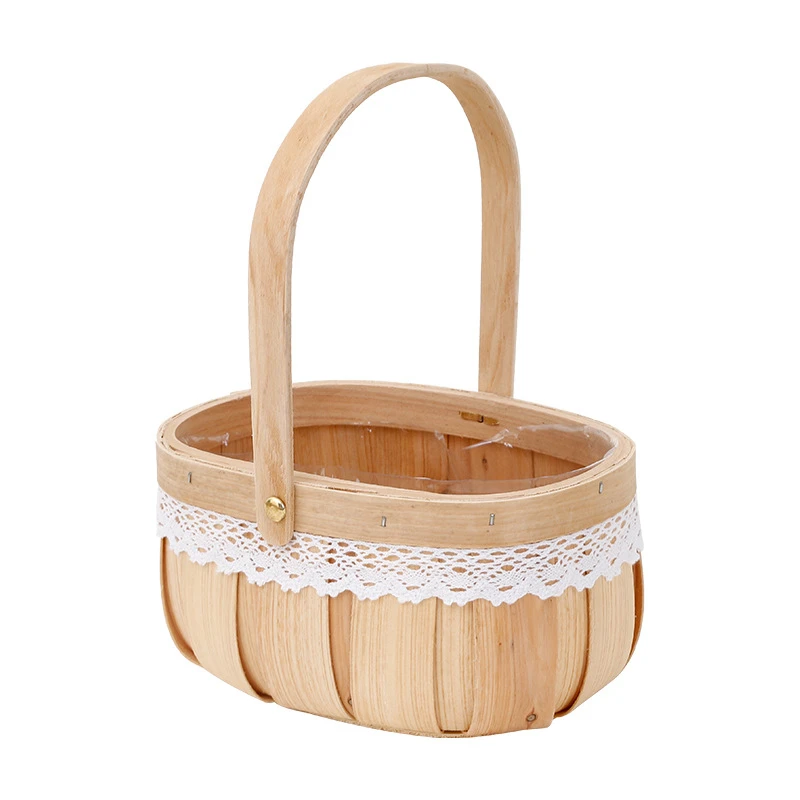 Gift Handmade Woven Willow Wood Lining Oval Storage Basket with Handles Flower Pot Baskets for Lady Girls