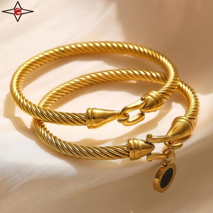 Custom Hypoallergenic Men Horseshoe Stainless Steel Belt Buckle Bangle Twisted Cable Bracelet