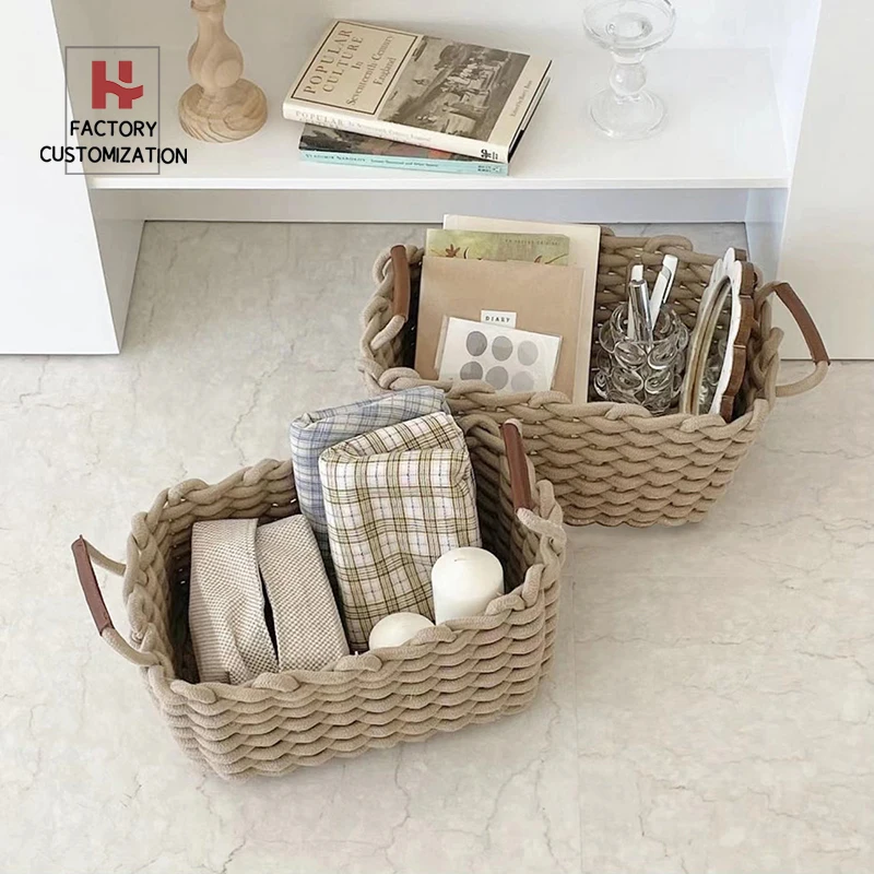 Hot sale Small Storage Baskets Cotton Rope Woven Basket With Handles For Books Magazines Toys Gift