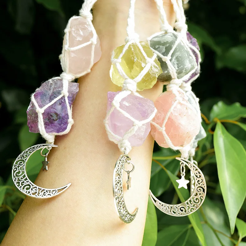 Natural Handmade Moon Amethyst Raw Stone Healing Crystals Gemstone Hanging Car Rear View Mirror Ornament