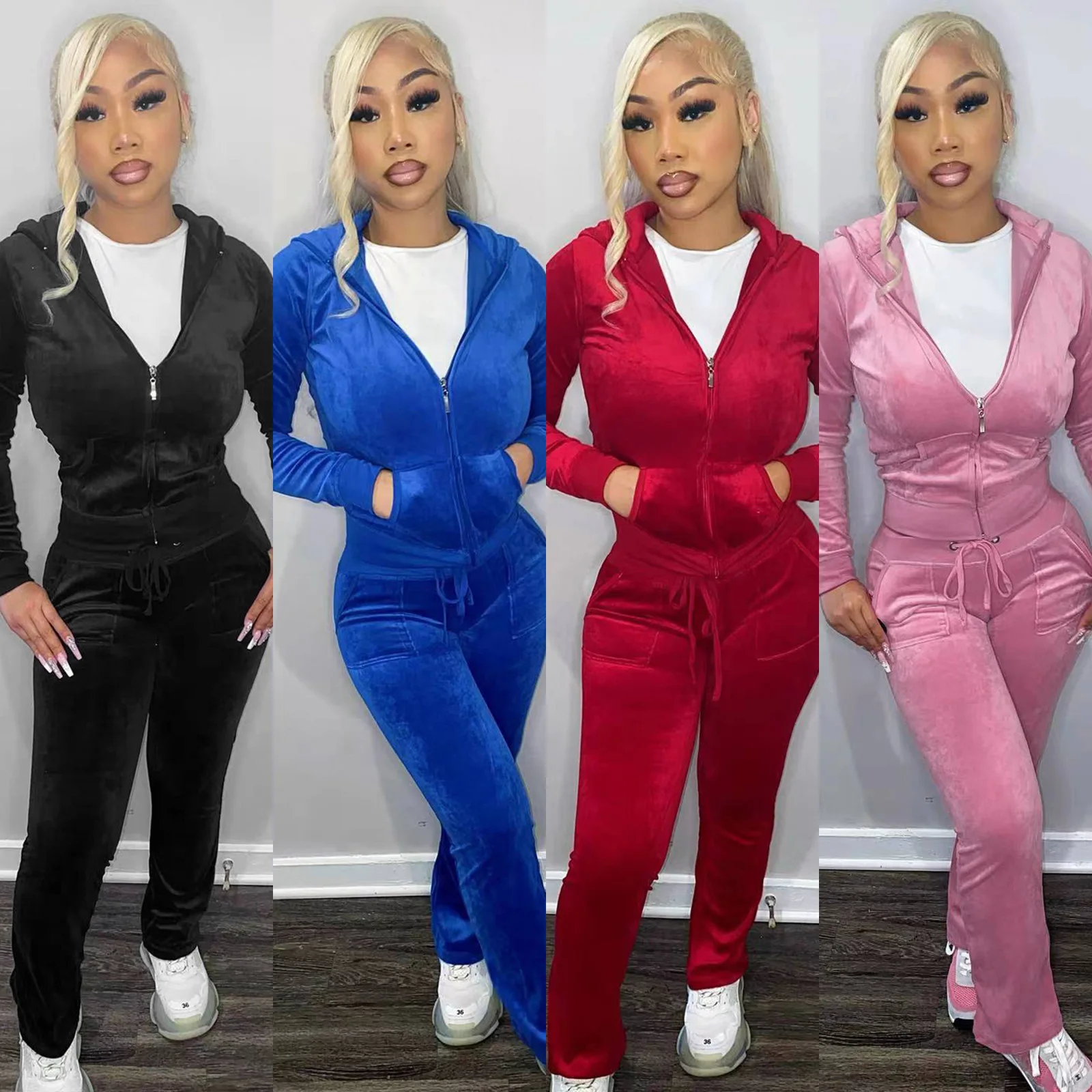 Fall Women Velvet Two Piece Set Women Tracksuit Zipper Jacket Top and Wide Leg Pants Sweatpants Sets velour women sweatsuit set